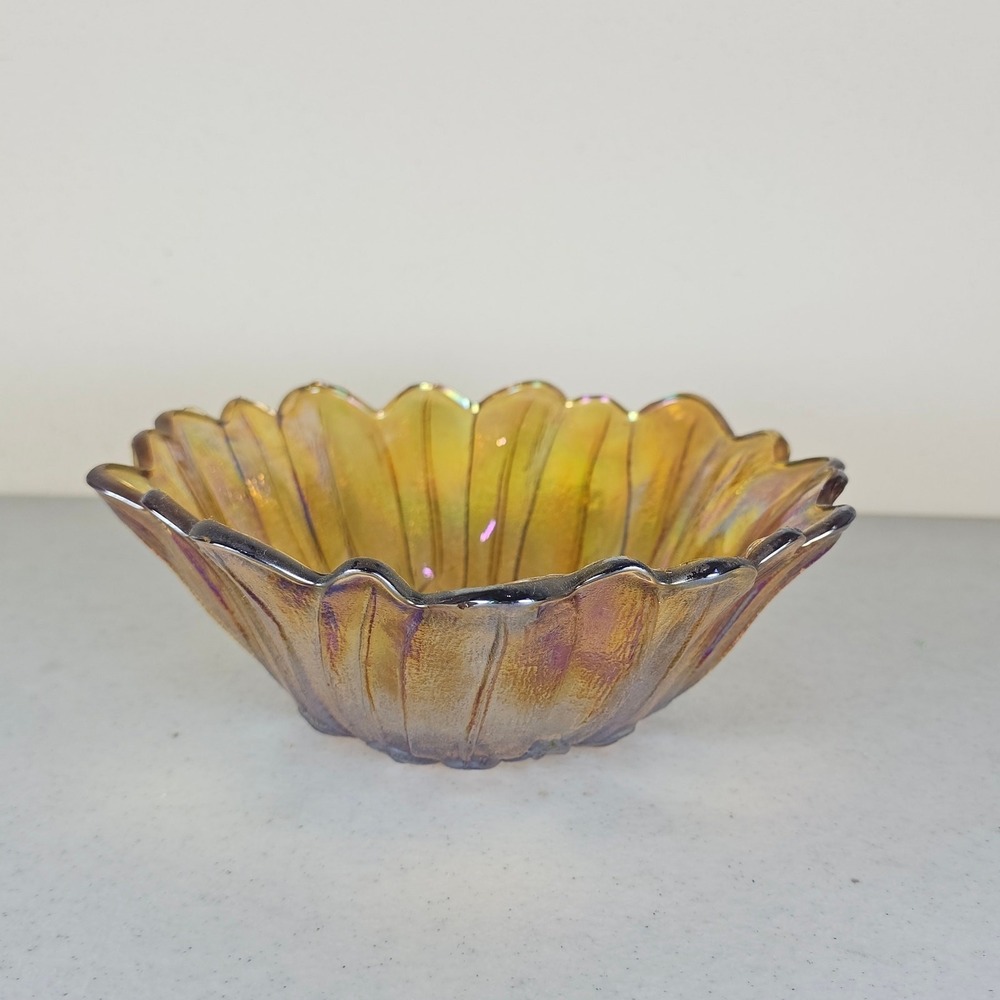 Vintage Amber Indiana Carnival Glass‎ Iridescent Daisy Sunflower Bowl Candy Dish